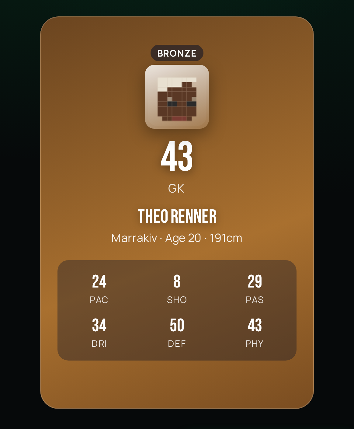 A player card revealed mid pack-opening in FXBALL, showing stats for a bronze-tier goalkeeper